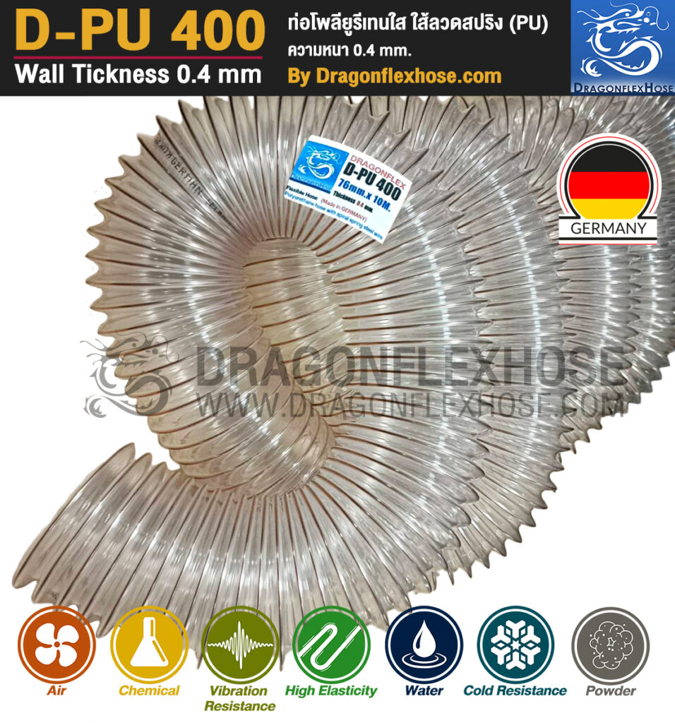 D-PU 400 : Wall Thickness 0.4 mm.
Transparent Polyurethane Hose