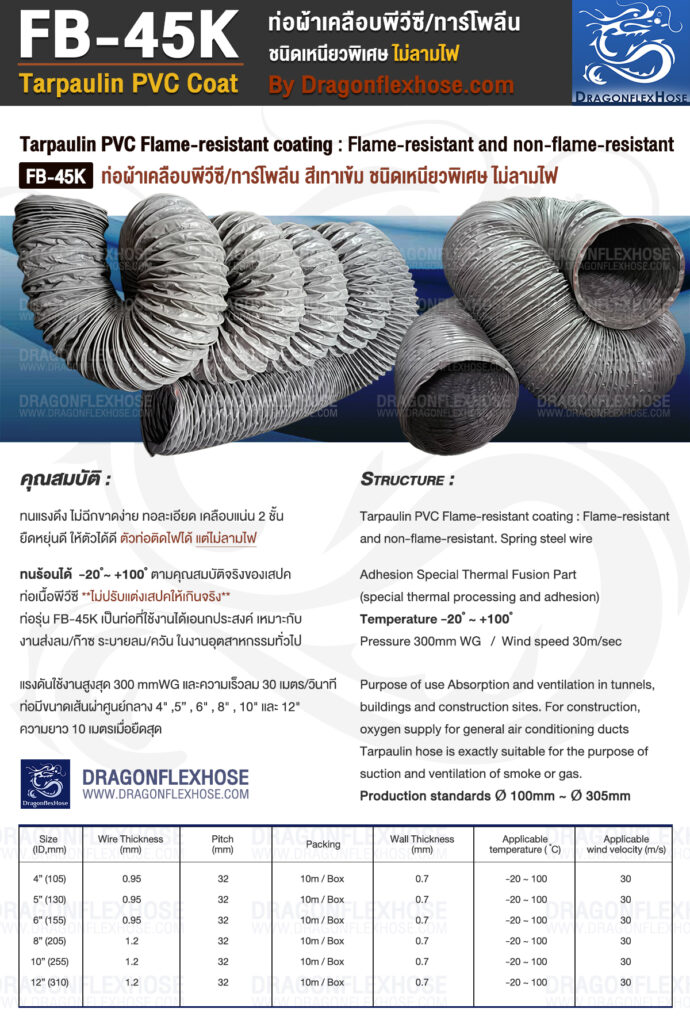 FB-45K Tarpaulin PVC Coat
ท่อผ้าใบเคลือบพีวีซี / ทาร์โพลีน ชนิดเหนียวพิเศษ ไม่ลามไฟ